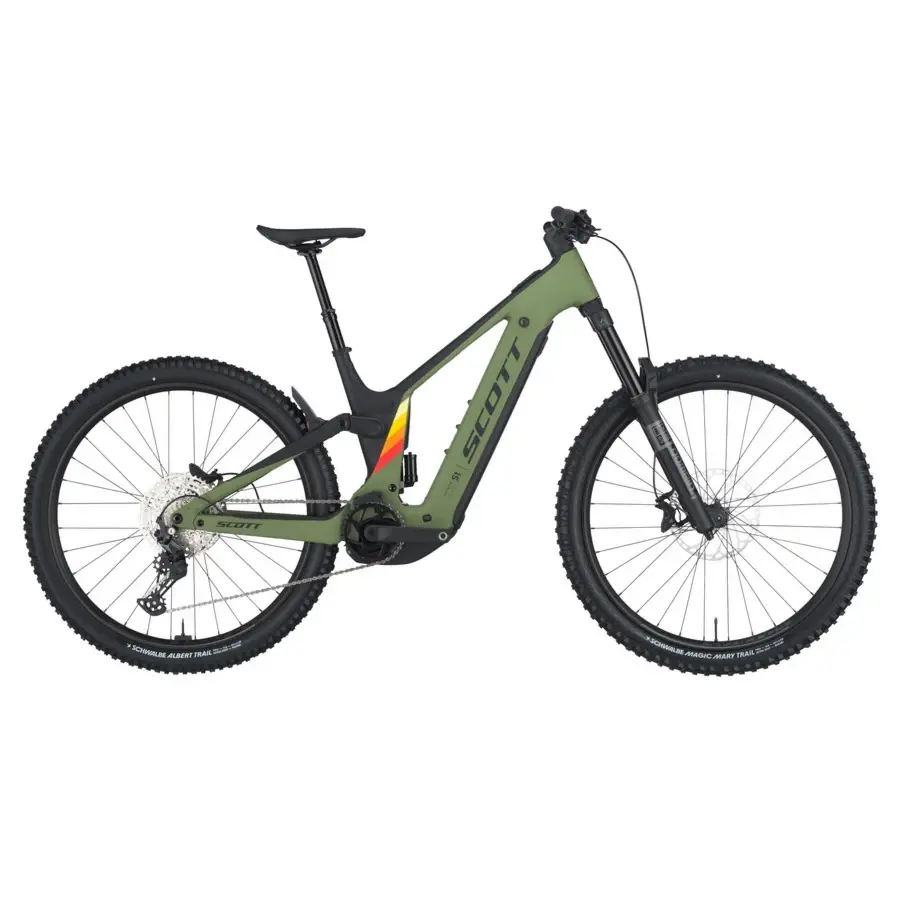 A Bicicleta Elétrica SCOTT Patron ST 910 tem forqueta RS Domain,  Shimano Deore 12VL e Travões de disco Shimano Deore de 4 Pistons.