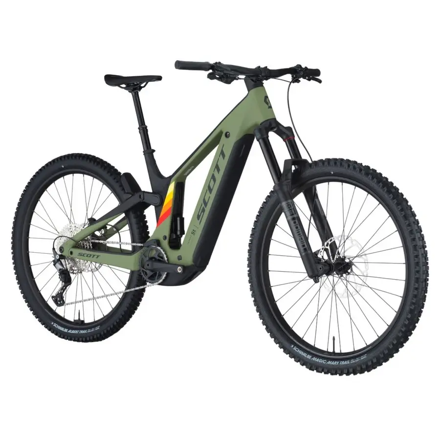 A Bicicleta Elétrica SCOTT Patron ST 910 tem forqueta RS Domain,  Shimano Deore 12VL e Travões de disco Shimano Deore de 4 Pistons.