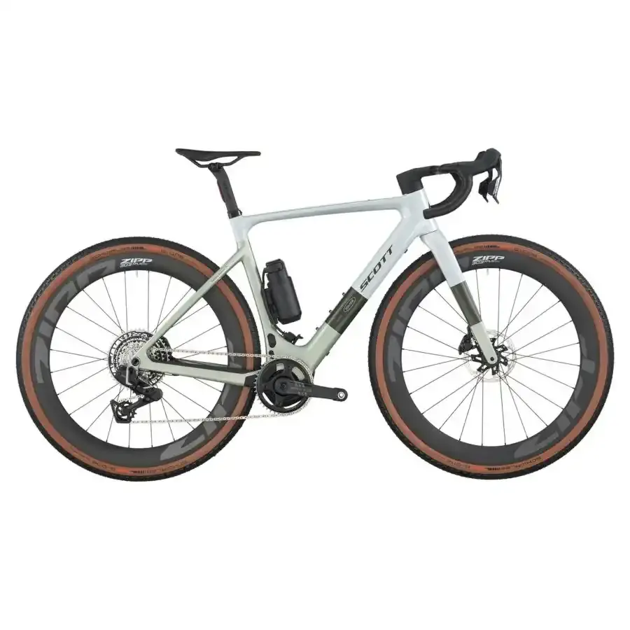 A Bicicleta Elétrica SCOTT Solace Gravel 10 tem bateria interna até 520 Wh, Quadro em Carbono HMX e transmissão SRAM Rival XPLR AXS Disc 13 VL.