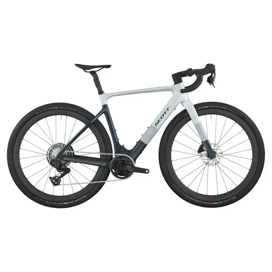 A Bicicleta Elétrica SCOTT Solace Gravel 20 tem bateria interna até 520 Wh, Quadro em Carbono HMX e transmissão SRAM Force XPLR AXS Disc 13 VL.