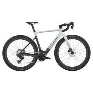 A Bicicleta Elétrica SCOTT Solace Gravel 20 tem bateria interna até 520 Wh, Quadro em Carbono HMX e transmissão SRAM Force XPLR AXS Disc 13 VL.