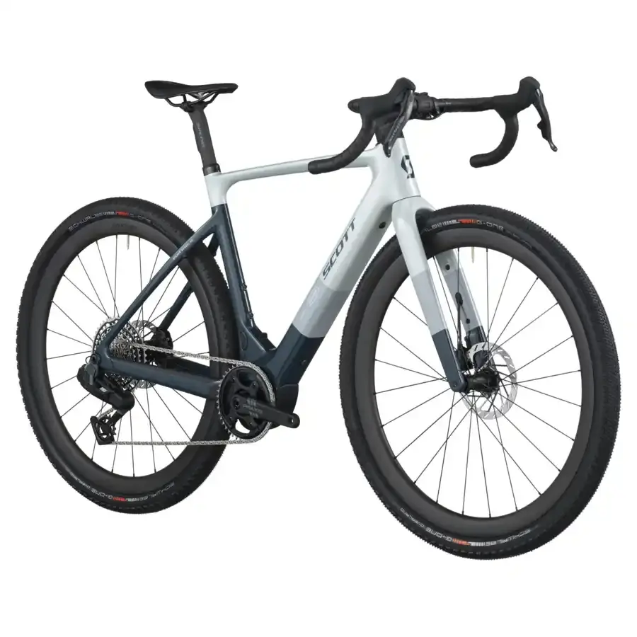 A Bicicleta Elétrica SCOTT Solace Gravel 20 tem bateria interna até 520 Wh, Quadro em Carbono HMX e transmissão SRAM Force XPLR AXS Disc 13 VL.