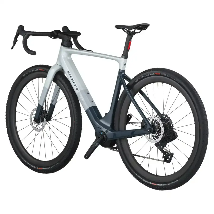 A Bicicleta Elétrica SCOTT Solace Gravel 20 tem bateria interna até 520 Wh, Quadro em Carbono HMX e transmissão SRAM Force XPLR AXS Disc 13 VL.