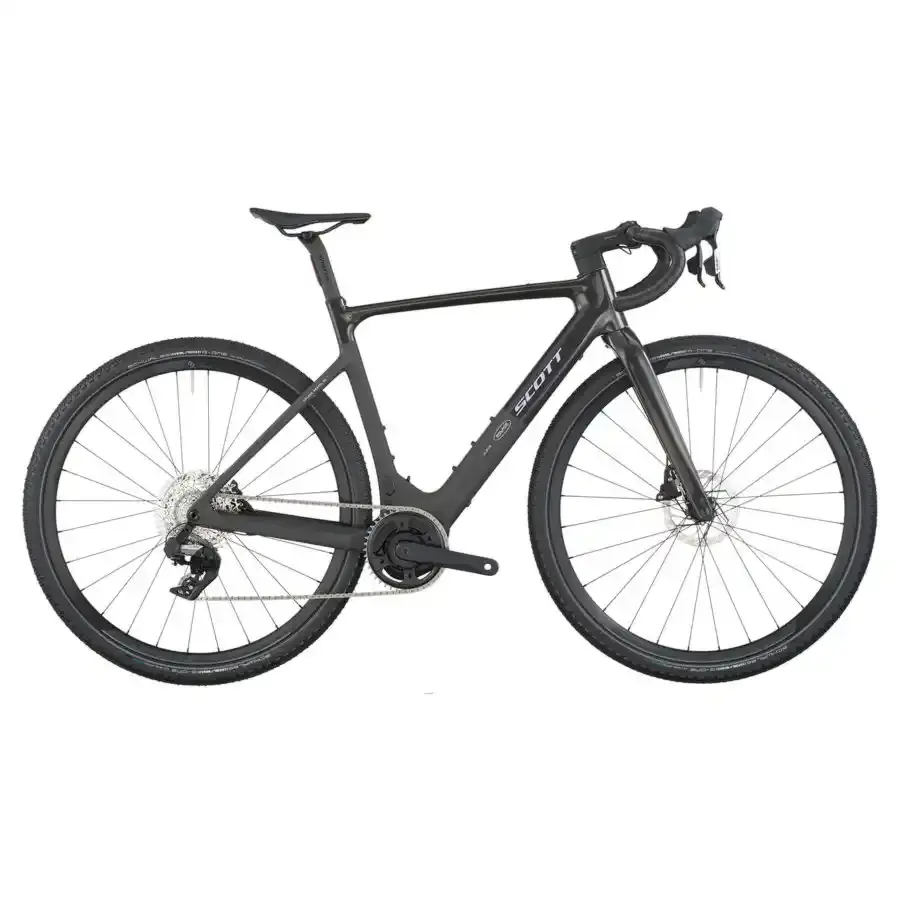 A Bicicleta Elétrica SCOTT Solace Gravel 30 tem bateria interna até 520 Wh, Quadro em Carbono HMX e transmissão SRAM APEX XPLR AXS Disc 12 VL.