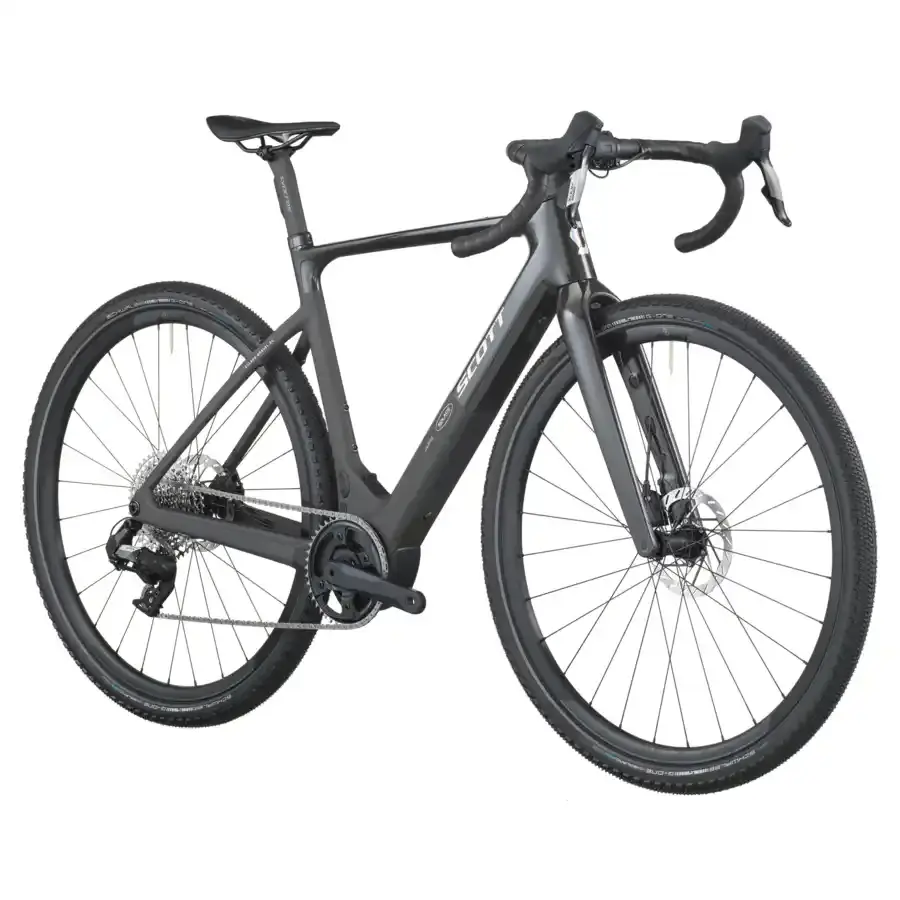 A Bicicleta Elétrica SCOTT Solace Gravel 30 tem bateria interna até 520 Wh, Quadro em Carbono HMX e transmissão SRAM APEX XPLR AXS Disc 12 VL.