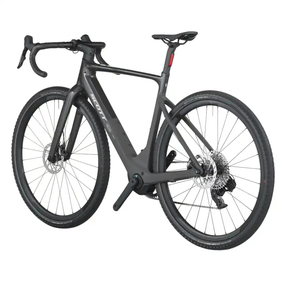 A Bicicleta Elétrica SCOTT Solace Gravel 30 tem bateria interna até 520 Wh, Quadro em Carbono HMX e transmissão SRAM APEX XPLR AXS Disc 12 VL.