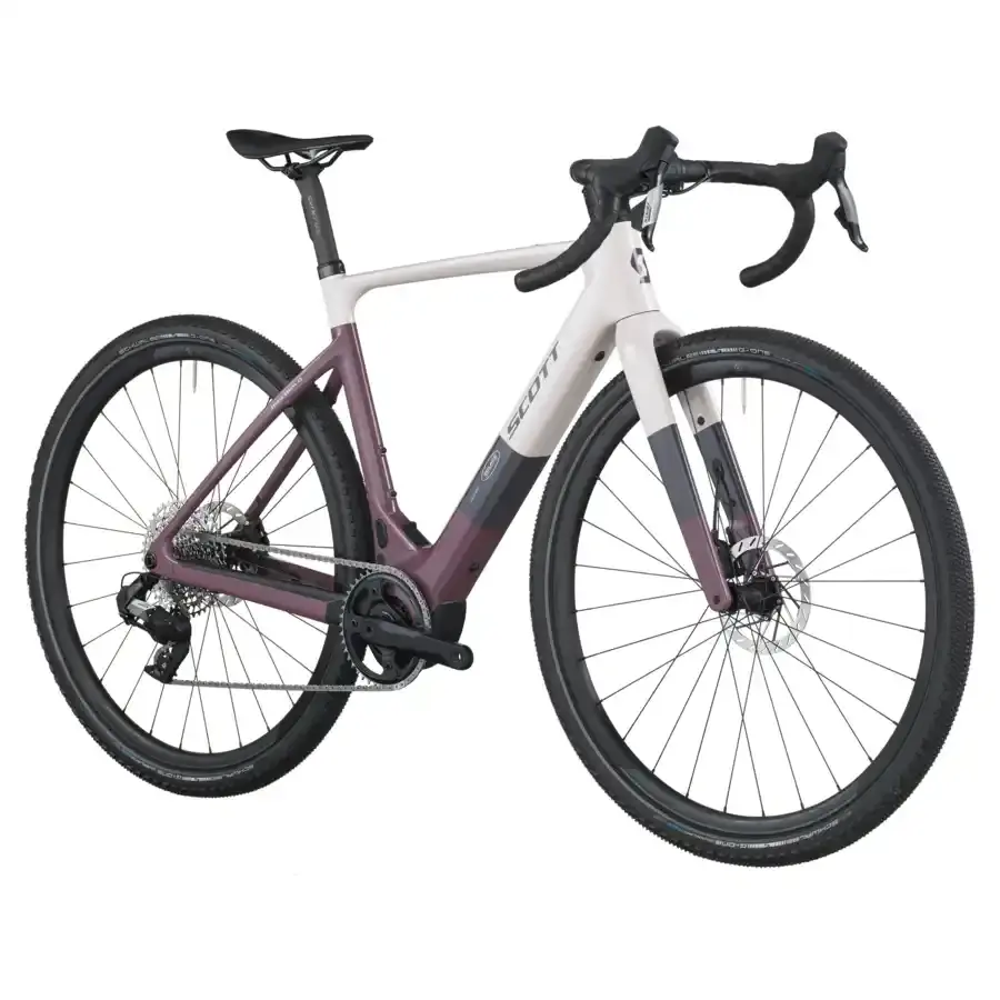 A Bicicleta Elétrica SCOTT Solace Gravel 30 tem bateria interna até 520 Wh, Quadro em Carbono HMX e transmissão SRAM APEX XPLR AXS Disc 12 VL.