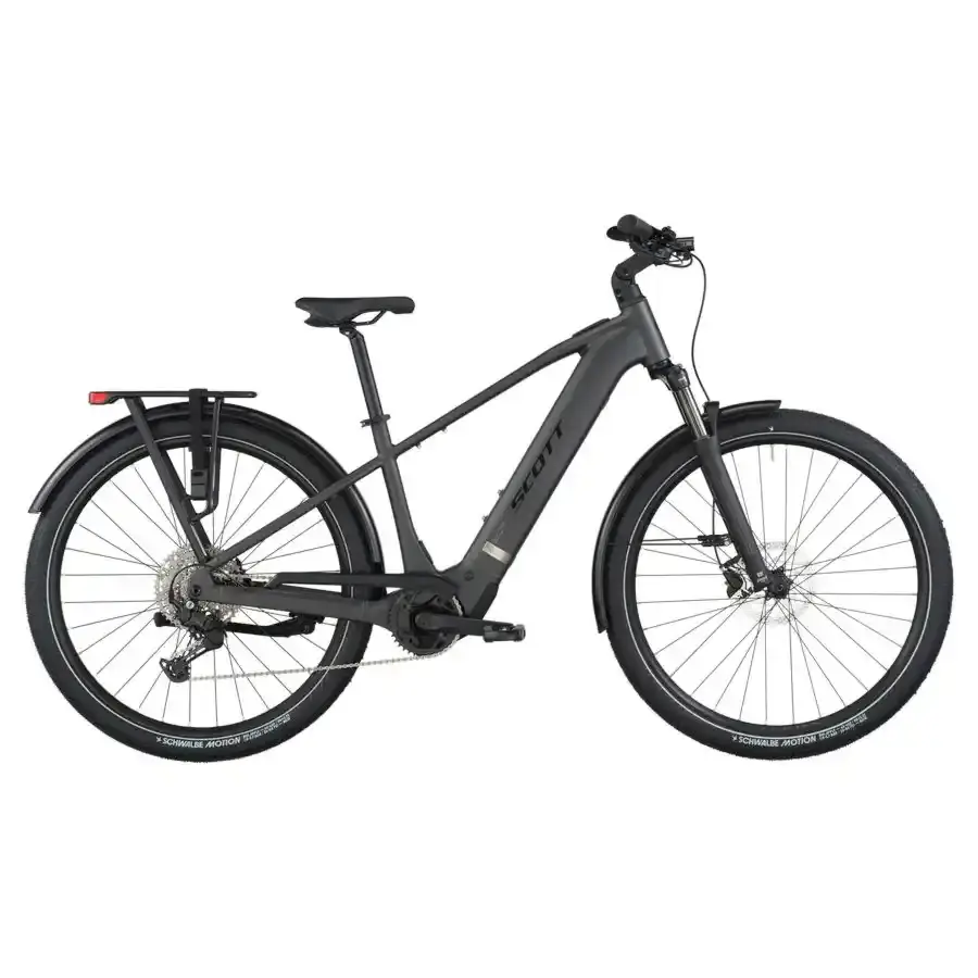 A Bicicleta Elétrica SCOTT Sub Sport 10 tem Quadro em Alloy, Transmissão Shimano CUES 10 VL, um motor Bosch Perf PX e uma bateria de 800 Wh.