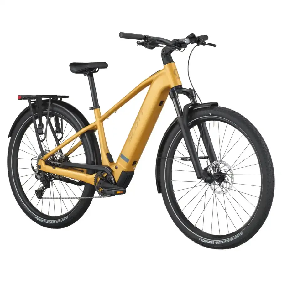 A Bicicleta Elétrica SCOTT Sub Sport 10 tem Quadro em Alloy, Transmissão Shimano CUES 10 VL, um motor Bosch Perf PX e uma bateria de 800 Wh.