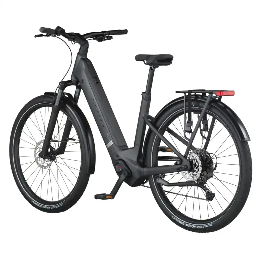 A Bicicleta Elétrica SCOTT Sub Sport 10 Wave tem Quadro em Alloy, Transmissão Shimano CUES 10 VL, um motor Bosch Perf PX e uma bateria de 800 Wh.