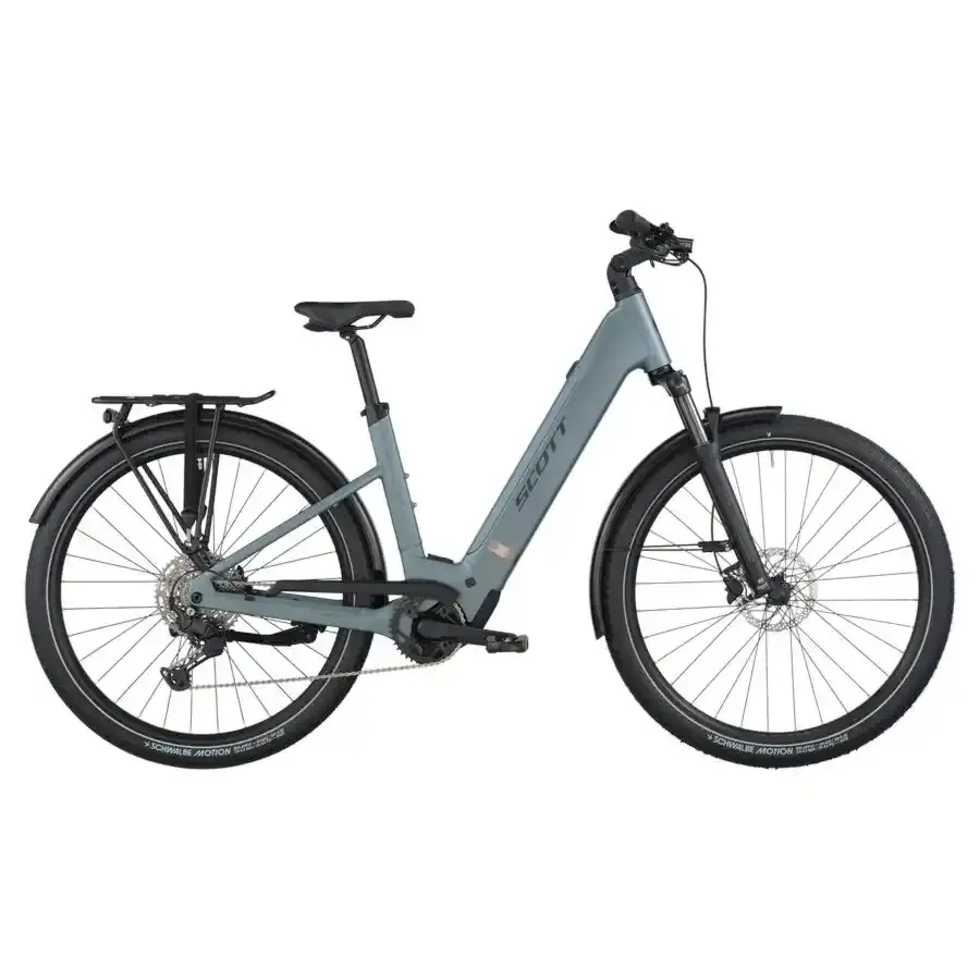 A Bicicleta Elétrica SCOTT Sub Sport 20 Wave tem Quadro em Alloy, Transmissão Shimano CUES 10 VL,  um motor Bosch Perf PX e uma bateria de 600 Wh.