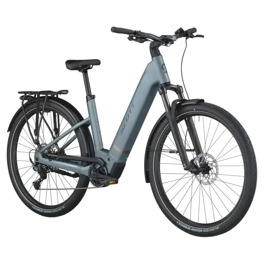 A Bicicleta Elétrica SCOTT Sub Sport 20 Wave tem Quadro em Alloy, Transmissão Shimano CUES 10 VL,  um motor Bosch Perf PX e uma bateria de 600 Wh.