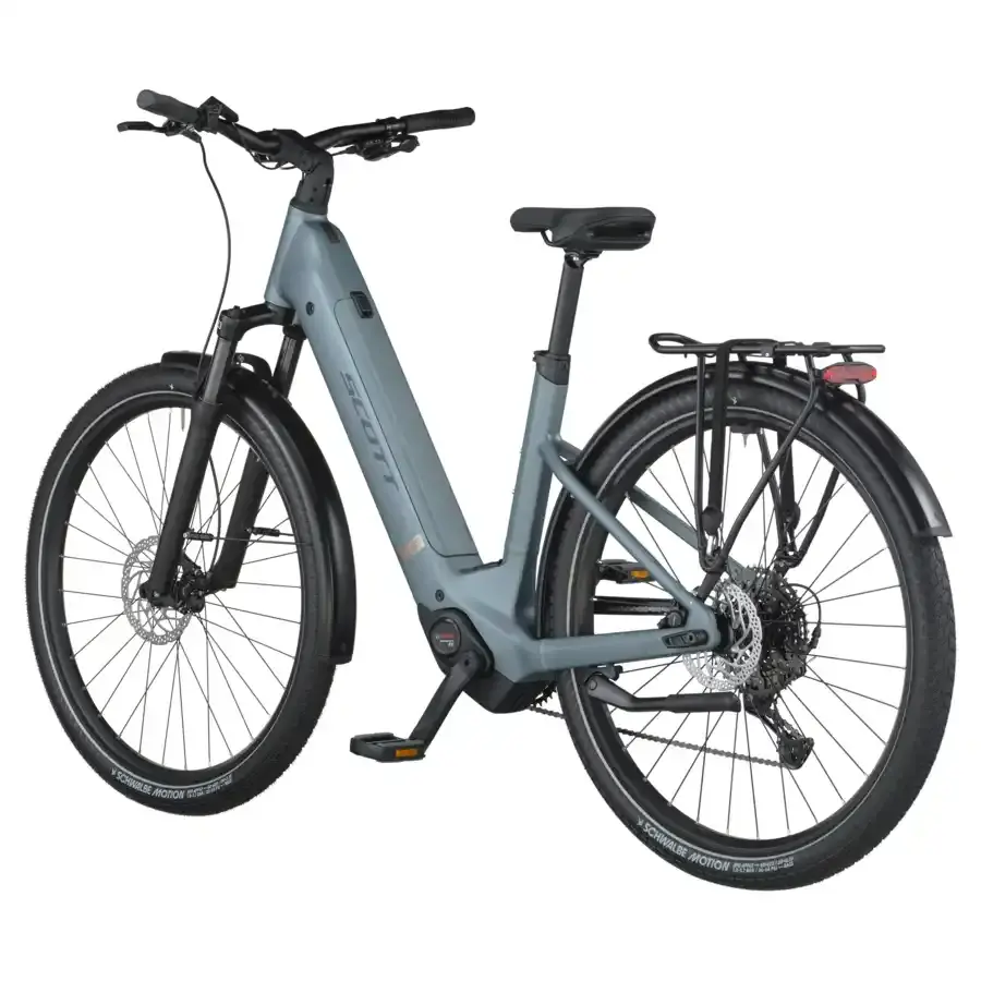 A Bicicleta Elétrica SCOTT Sub Sport 20 Wave tem Quadro em Alloy, Transmissão Shimano CUES 10 VL,  um motor Bosch Perf PX e uma bateria de 600 Wh.