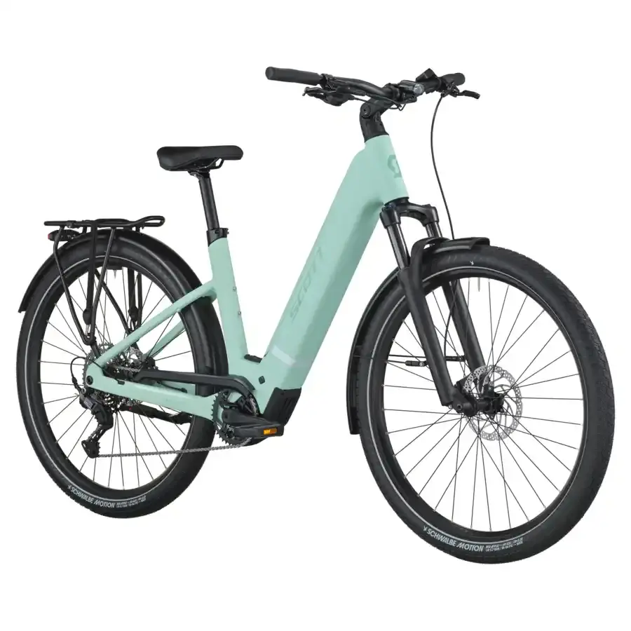 A Bicicleta Elétrica SCOTT Sub Sport 20 Wave tem Quadro em Alloy, Transmissão Shimano CUES 10 VL,  um motor Bosch Perf PX e uma bateria de 600 Wh.