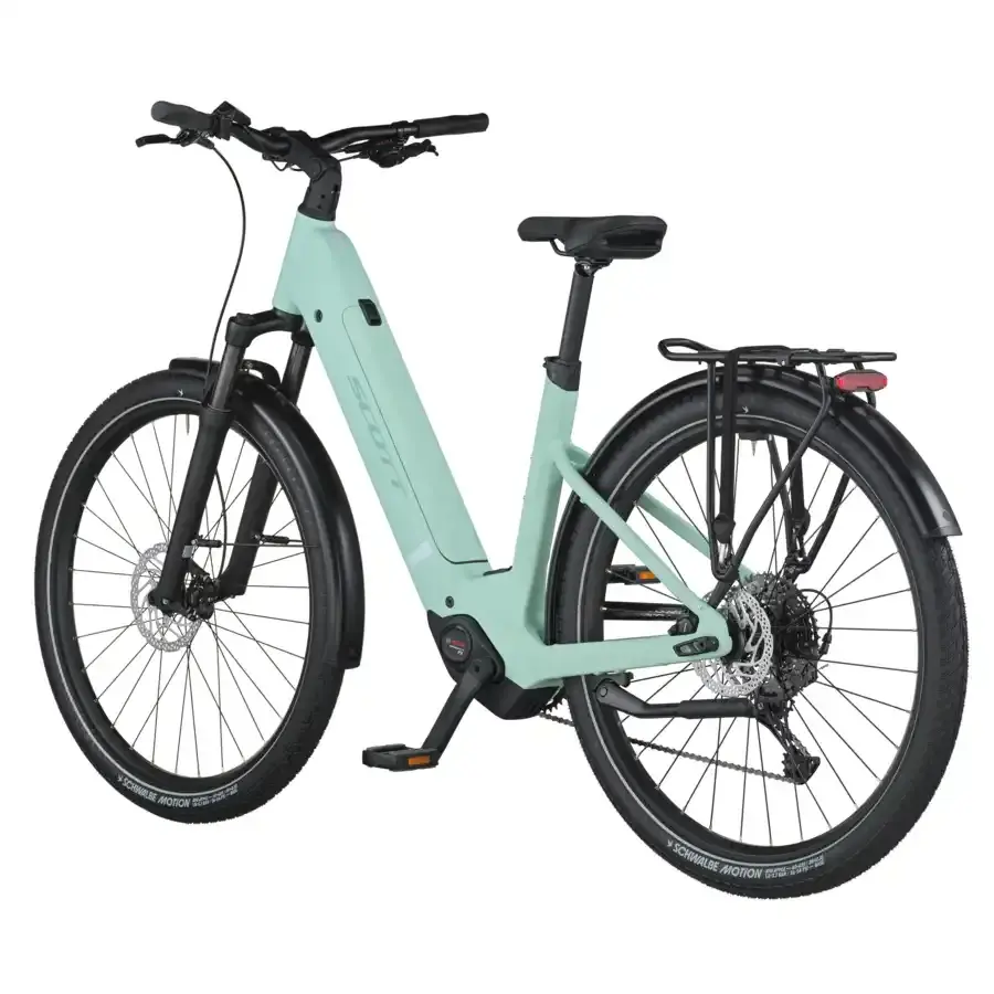 A Bicicleta Elétrica SCOTT Sub Sport 20 Wave tem Quadro em Alloy, Transmissão Shimano CUES 10 VL,  um motor Bosch Perf PX e uma bateria de 600 Wh.