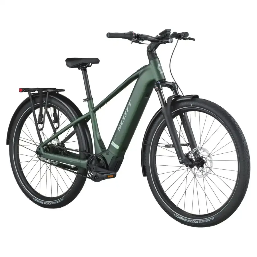 A Bicicleta Elétrica SCOTT Sub Tour 10 tem Quadro em Alloy, um motor Bosch Perf PX e uma bateria de 800 Wh.