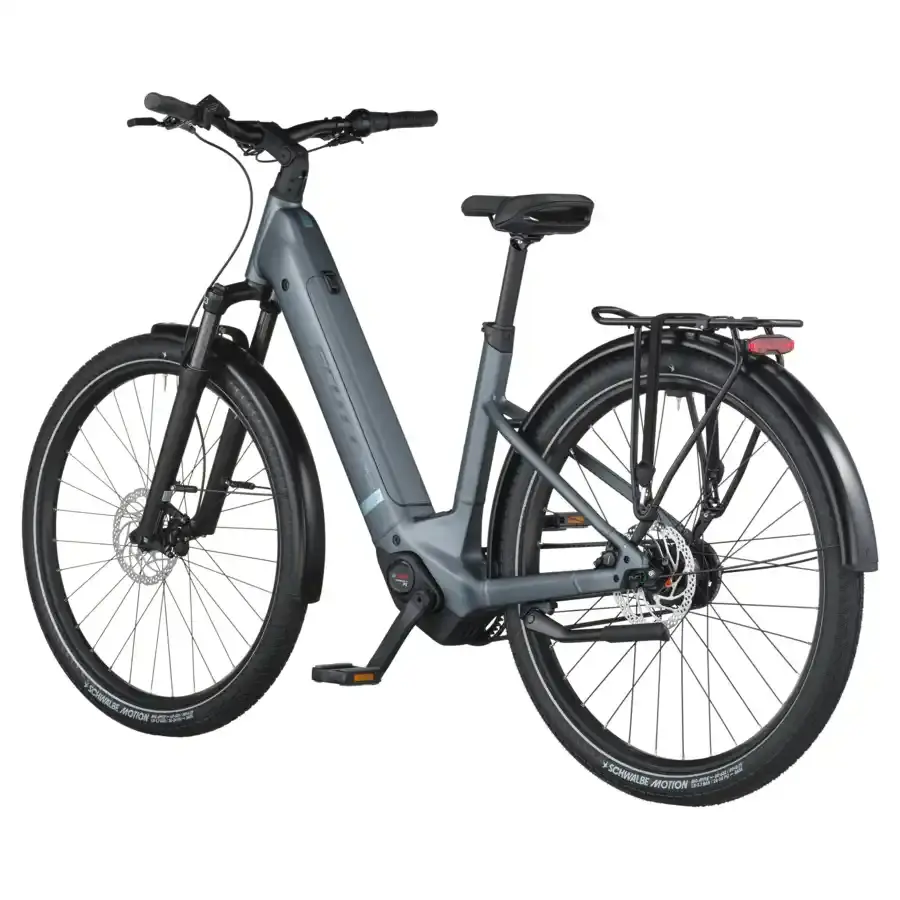 A Bicicleta Elétrica SCOTT Sub Tour 20 Wave tem Quadro em Alloy, um motor Bosch Perf PX e uma bateria de 600 Wh.
