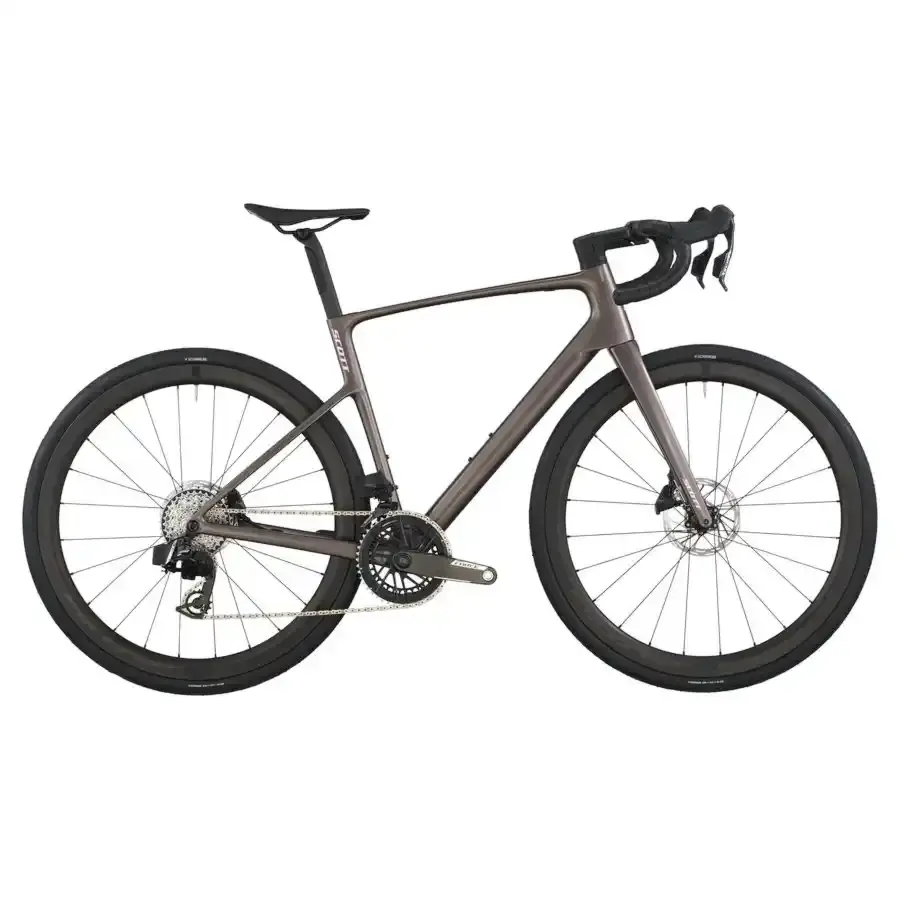 A Bicicleta SCOTT Addict 10 tem Quadro Addict RC em Carbono HMX e Transmissão SRAM FORCE AXS Disc 24 VL.