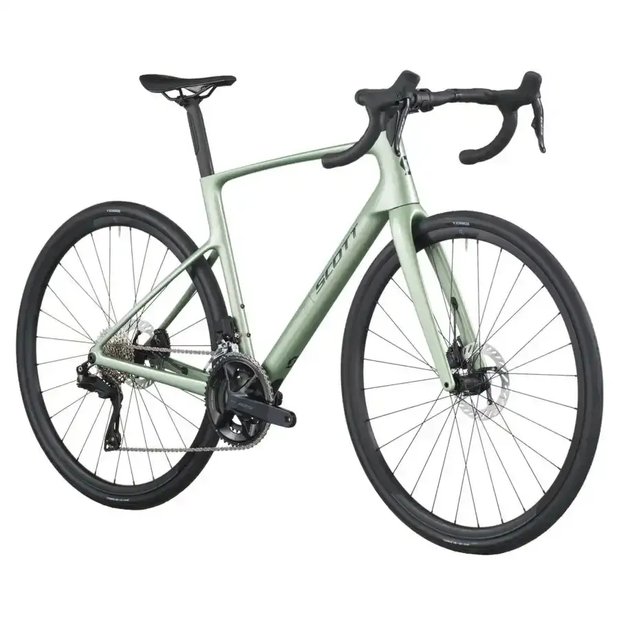 A Bicicleta SCOTT Addict 40 tem Quadro Addict RC Carbono HMF e Transmissão Shimano 105 Di2 Disc 24 VL.