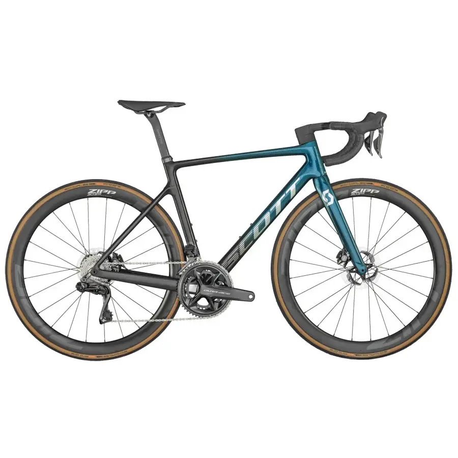 A Bicicleta SCOTT Addict RC PRO tem Quadro e Forqueta em Carbono HMX e Shimano Dura-Ace Di2 Disc de 24VL.