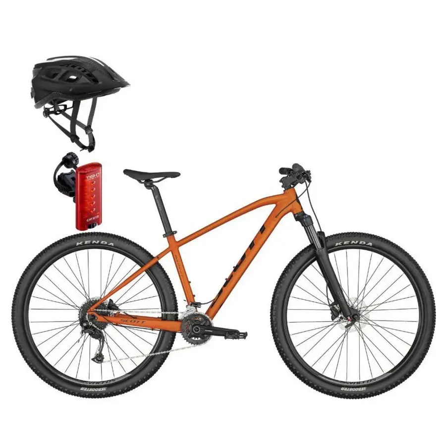 A SCOTT Aspect 940 Orange é uma bicicleta rígida de montanha desenvolvida para ser leve, conta com oferta de Capacete Supra e Lanterna CATEYE Tight Kinetic.