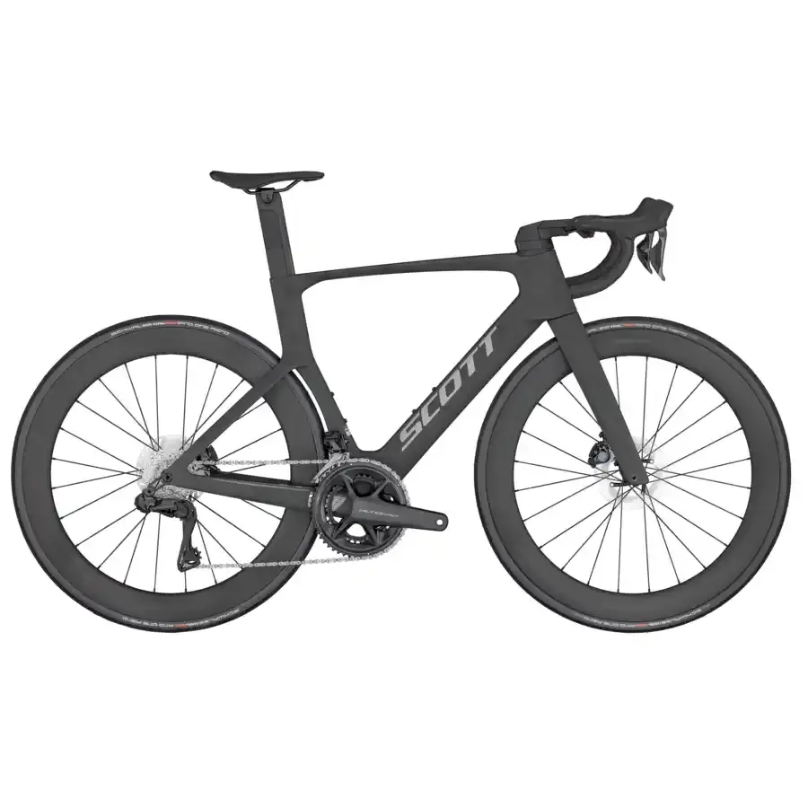A Bicicleta SCOTT Foil RC 10 Black tem Quadro em Carbono HMX, Forqueta FOIL Disc HMX e  Shimano Ultegra Di2 de 24VL.