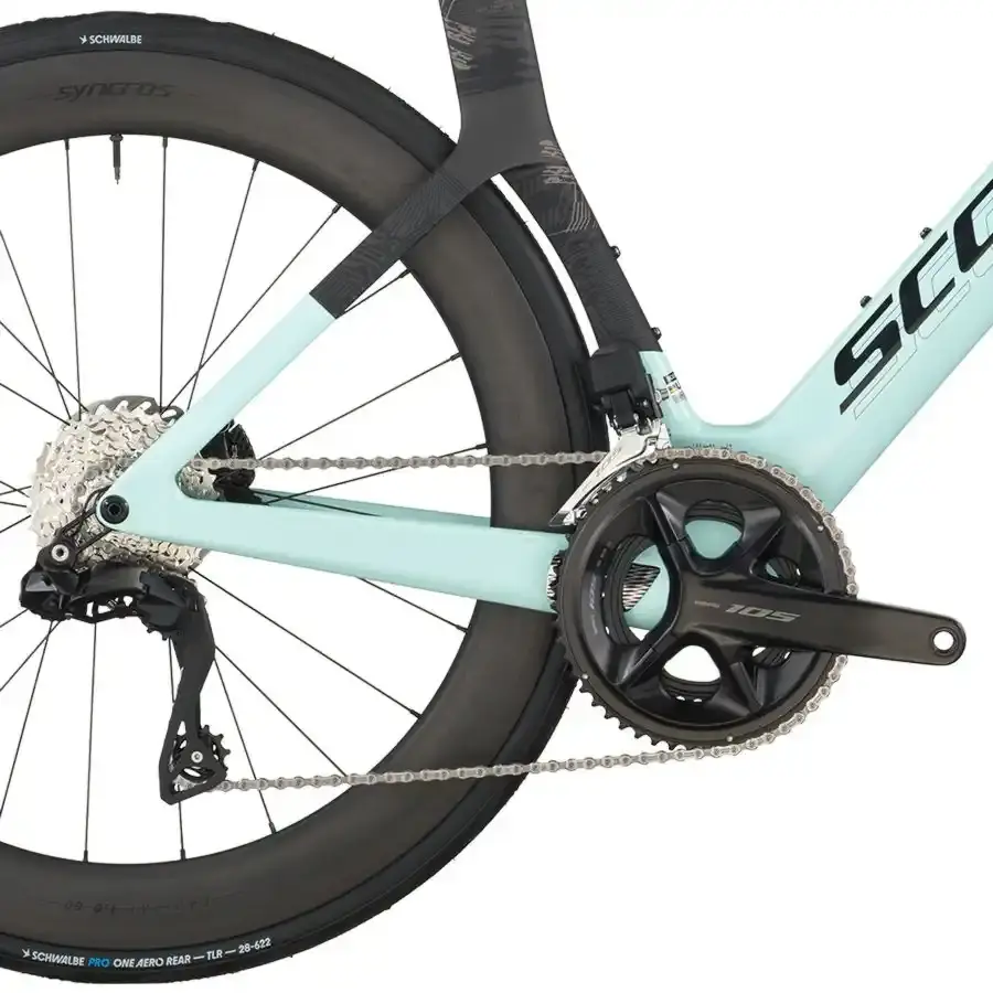 A Bicicleta SCOTT Foil RC 20 tem Quadro em Carbono HMX e transmissão  Shimano 105 Di2 24 VL.