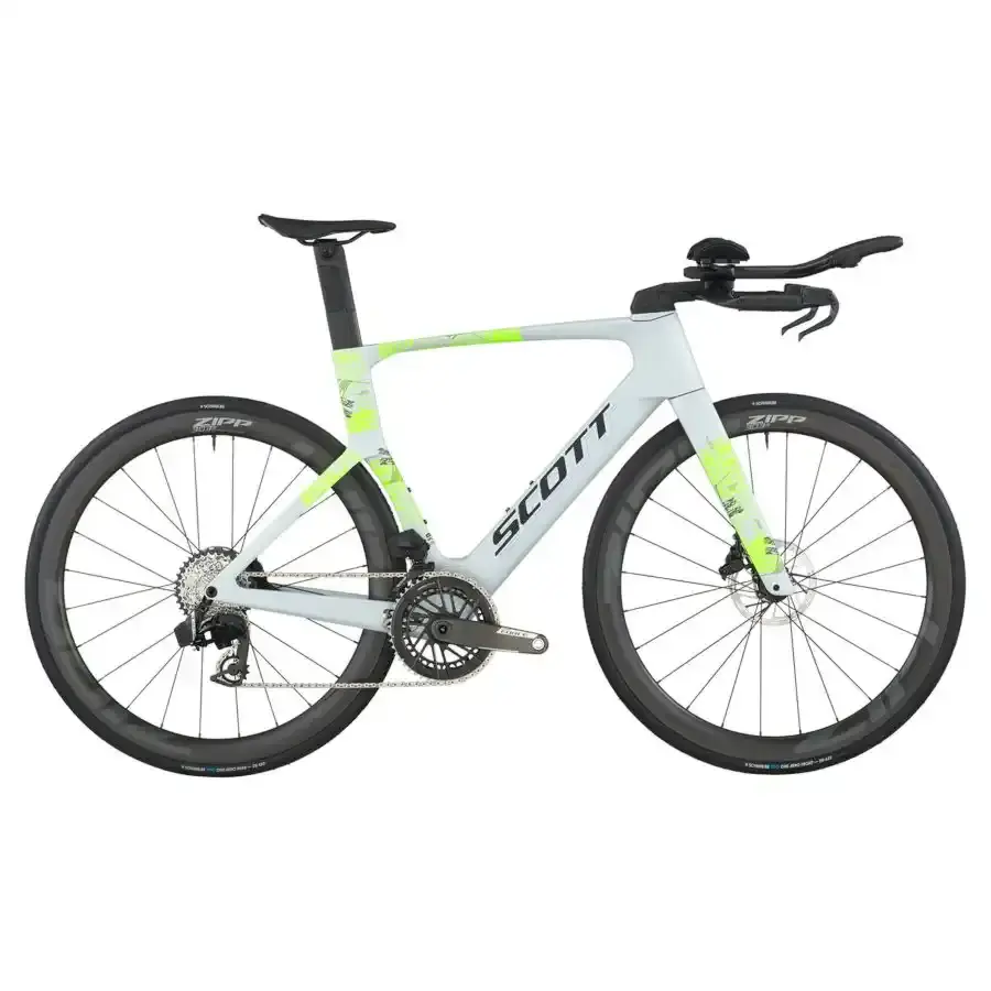 A Bicicleta SCOTT Foil RC Tri tem Quadro em Carbono HMX e transmissão SRAM FORCE AXS Disc 24 VL.