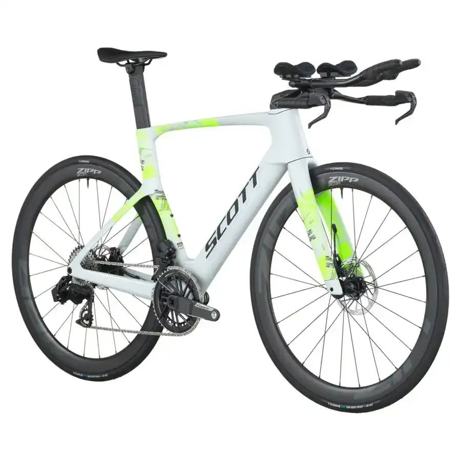 A Bicicleta SCOTT Foil RC Tri tem Quadro em Carbono HMX e transmissão SRAM FORCE AXS Disc 24 VL.