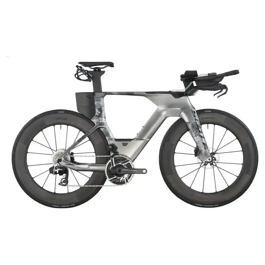 A Bicicleta SCOTT Plasma RC Ultimate tem Quadro em Carbono HMX e transmissão SRAM RED AXS Disc 24 VL c/potenciômetro.