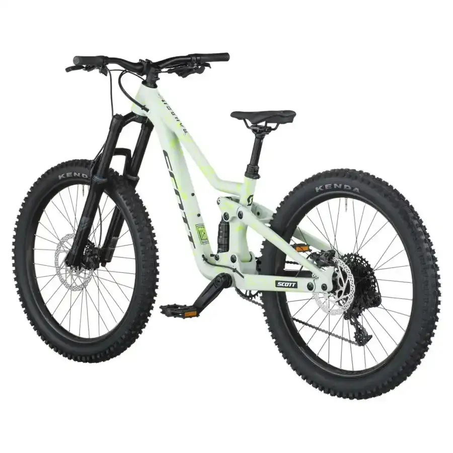 A Bicicleta SCOTT Ransom 400 tem rodas 24", uma suspensão ajustada a crianças (140 mm), um amortecedor (130 mm) e um botão para controlar a suspensão.