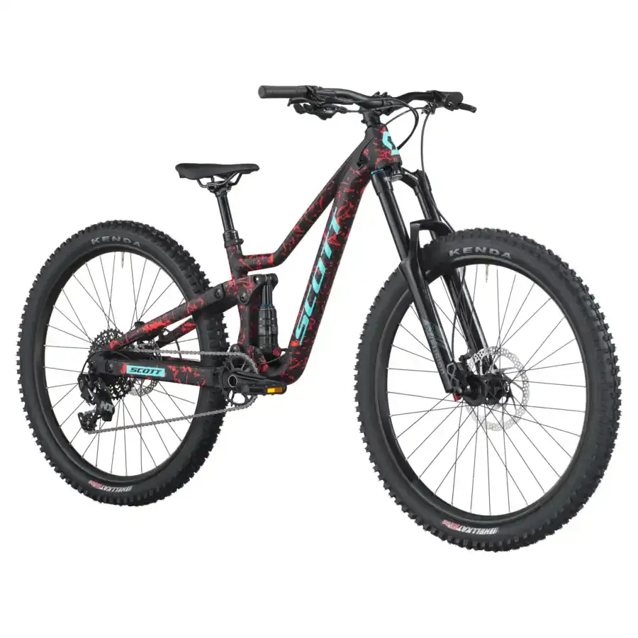 A Bicicleta SCOTT Ransom 600 tem rodas 26", uma suspensão ajustada a crianças (140 mm), um amortecedor (130 mm) e um botão para controlar a suspensão.
