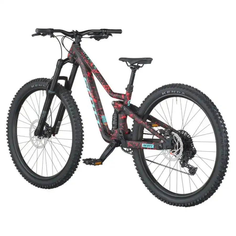 A Bicicleta SCOTT Ransom 600 tem rodas 26", uma suspensão ajustada a crianças (140 mm), um amortecedor (130 mm) e um botão para controlar a suspensão.