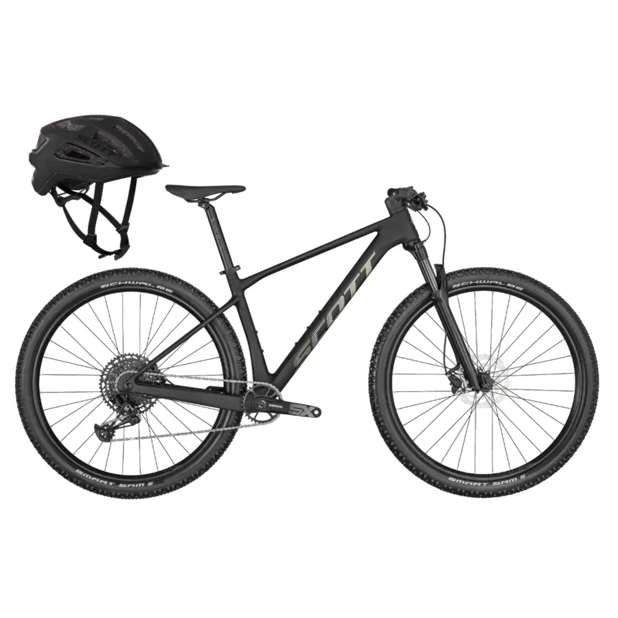 A Bicicleta SCOTT Scale 940 Black tem Quadro em Carbono HMF, Suspensão RockShox Judy e SRAM NX-SX Eagle de 12VL, conta com oferta de capacete ARX Black.
