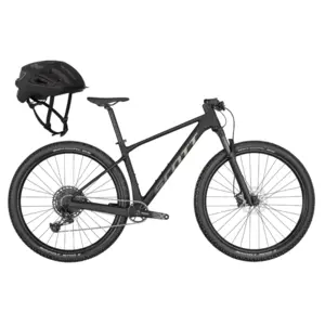 A Bicicleta SCOTT Scale 940 Black tem Quadro em Carbono HMF, Suspensão RockShox Judy e SRAM NX-SX Eagle de 12VL, conta com oferta de capacete ARX Black.