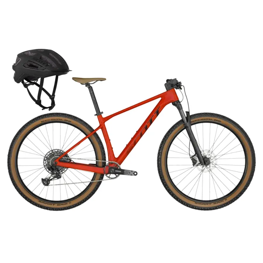 A Bicicleta SCOTT Scale 940 Red tem Quadro em Carbono HMF, Suspensão RockShox Judy e SRAM NX-SX Eagle de 12VL, conta com oferta de capacete ARX Black.
