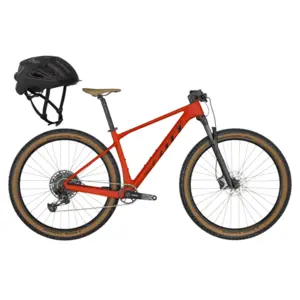 A Bicicleta SCOTT Scale 940 Red tem Quadro em Carbono HMF, Suspensão RockShox Judy e SRAM NX-SX Eagle de 12VL, conta com oferta de capacete ARX Black.
