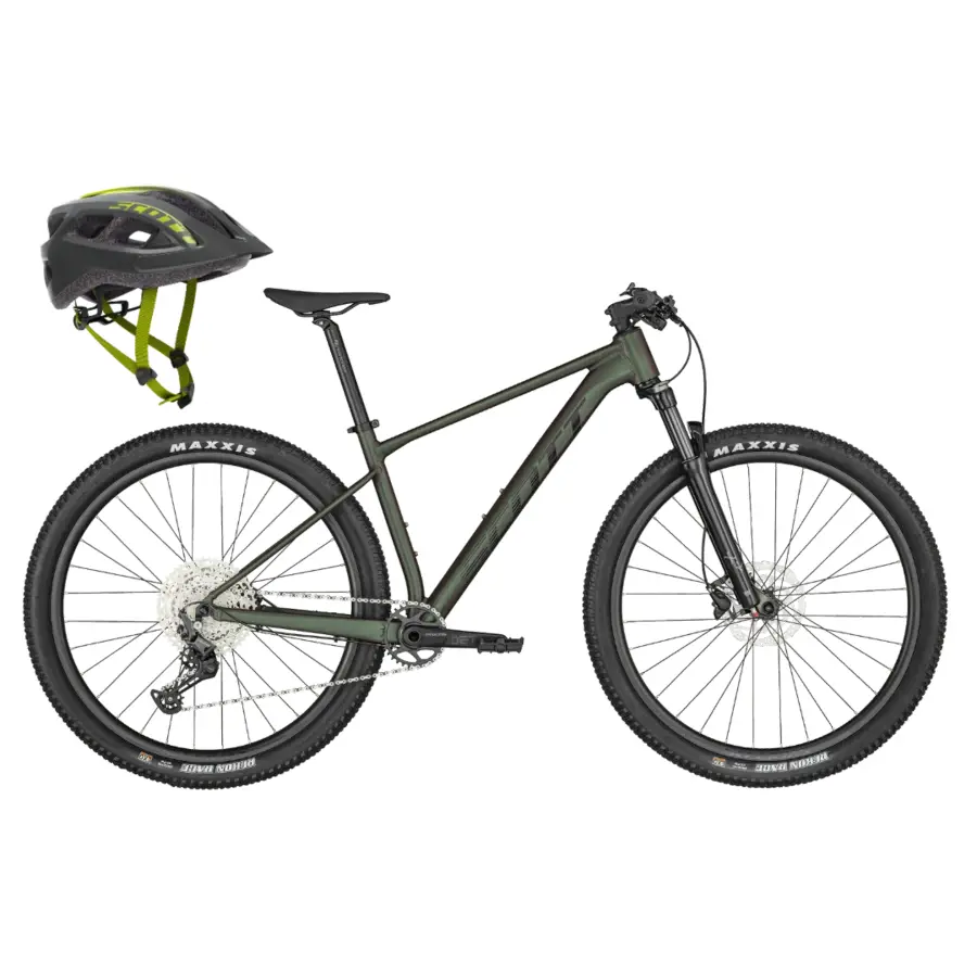 A Bicicleta SCOTT Scale 980 Black tem Suspensão Suntour X, Shimano Deore de 12VL e Travões de Disco Shimano, com oferta de capacete SUPRA SUPRA BL/RAD YE FA.