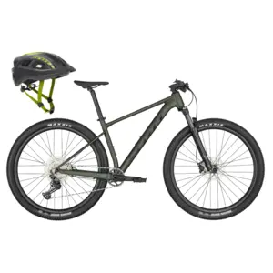 A Bicicleta SCOTT Scale 980 Black tem Suspensão Suntour X, Shimano Deore de 12VL e Travões de Disco Shimano, com oferta de capacete SUPRA SUPRA BL/RAD YE FA.