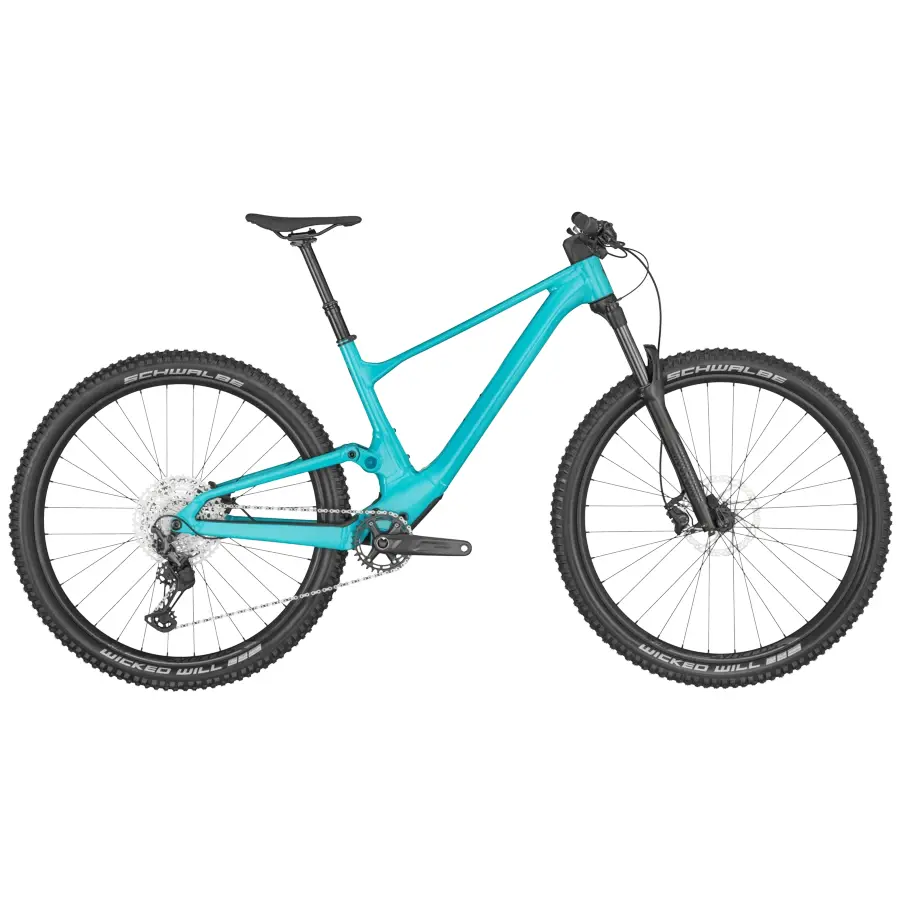 A Bicicleta SCOTT Spark 960 Blue tem Suspensão RockShox Judy, X-Fusion Nude 5 e Shimano XT-Deore de 12VL.