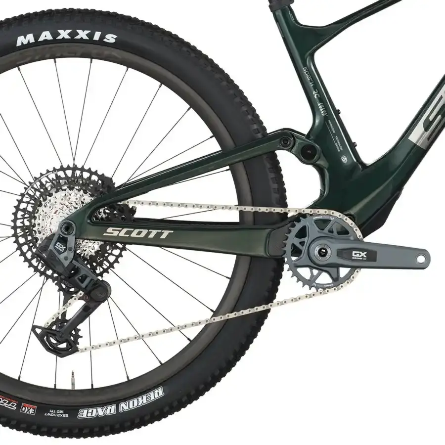 A Bicicleta SCOTT Spark RC Team Issue tem RockShox SID Select 3P, Quadro em Carbono HMF e transmissão SRAM GX AXS 12 VL.