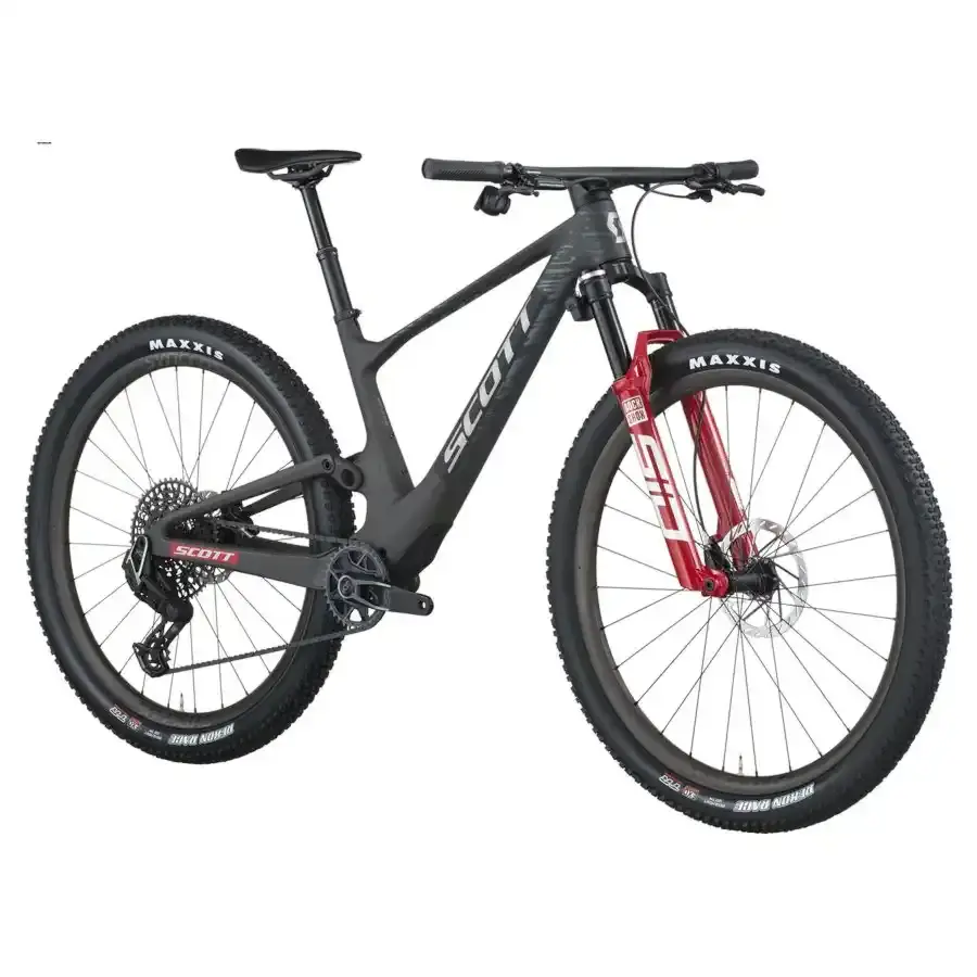 A Bicicleta SCOTT Spark RC World Cup tem RockShox Flight Attendant, Quadro em Carbono HMF e transmissão SRAM SRAM X0 AXS.