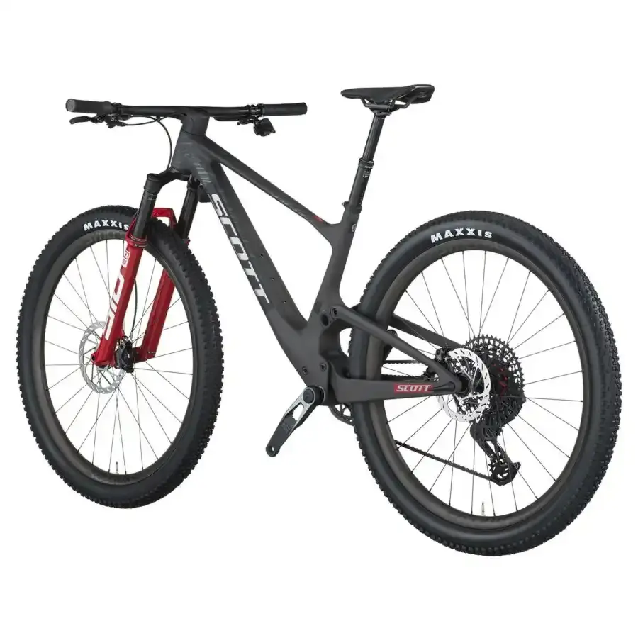 A Bicicleta SCOTT Spark RC World Cup tem RockShox Flight Attendant, Quadro em Carbono HMF e transmissão SRAM SRAM X0 AXS.