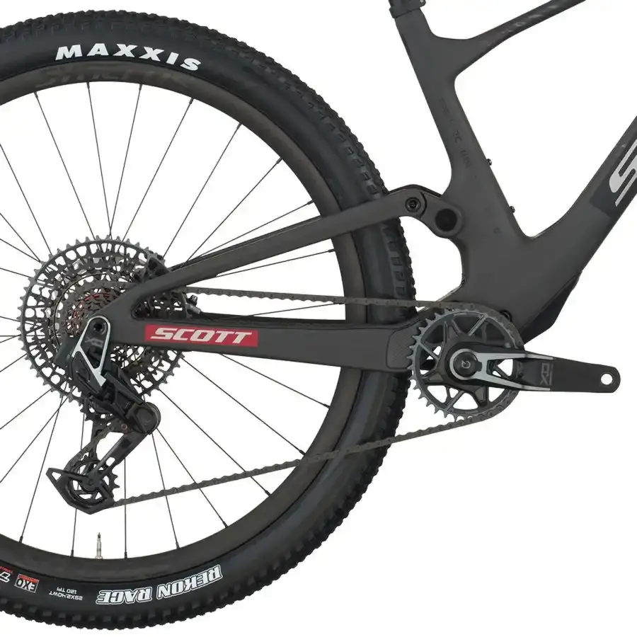 A Bicicleta SCOTT Spark RC World Cup tem RockShox Flight Attendant, Quadro em Carbono HMF e transmissão SRAM SRAM X0 AXS.