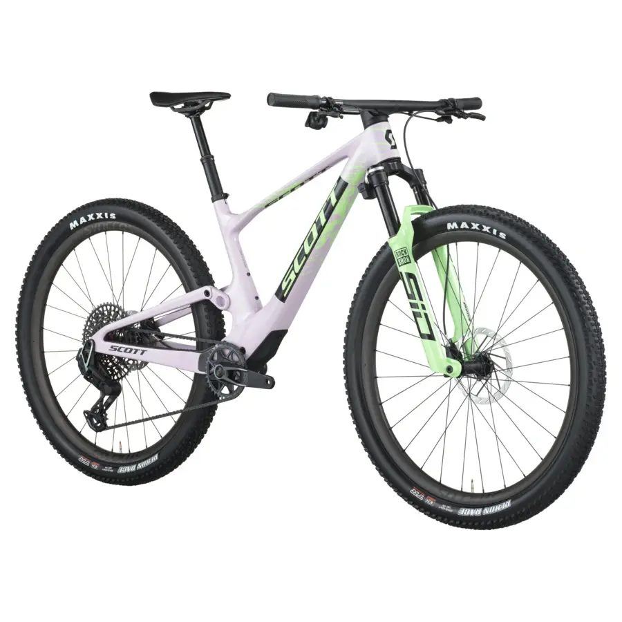 A Bicicleta SCOTT Spark RC World Cup tem RockShox Flight Attendant, Quadro em Carbono HMF e transmissão SRAM SRAM X0 AXS.