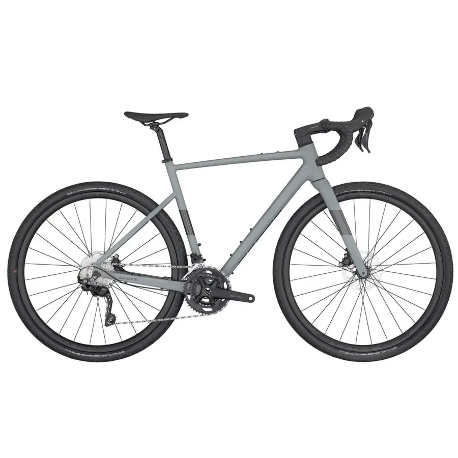A Bicicleta SCOTT Speedster Gravel 40 Grey tem Quadro em Alumínio, Forqueta em Carbono Speedster Gravel Disc e Shimano GRX RX400 Disc de 20VL.