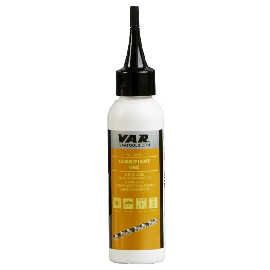 LUBRIFICANTE VAR E-BIKE LUBE 100ML O LUBRIFICANTE VAR E-BIKE LUBE 100ML permite a lubrificação da transmissão das bicicletas elétricas em todas as condições.