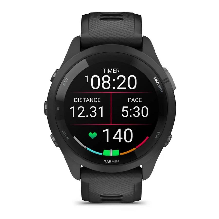 RELÓGIO GARMIN FORERUNNER 265 Rebordo e caixa pretos com bracelete preta/cinzento pó em silicone