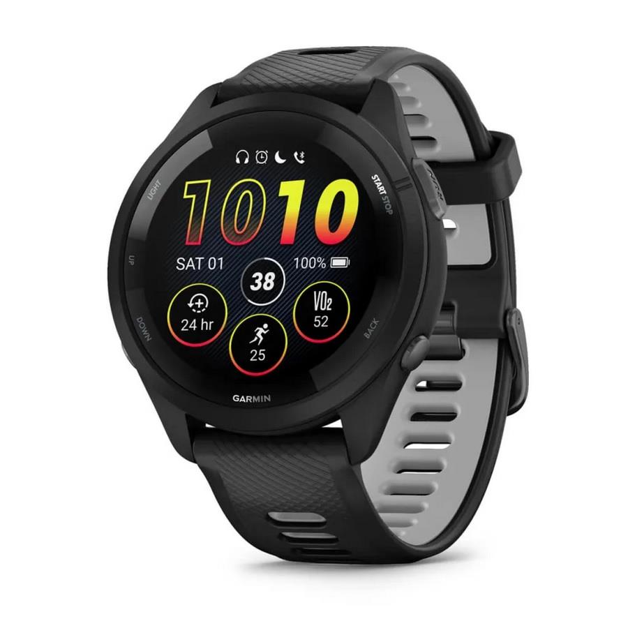 RELÓGIO GARMIN FORERUNNER 265 Rebordo e caixa pretos com bracelete preta/cinzento pó em silicone