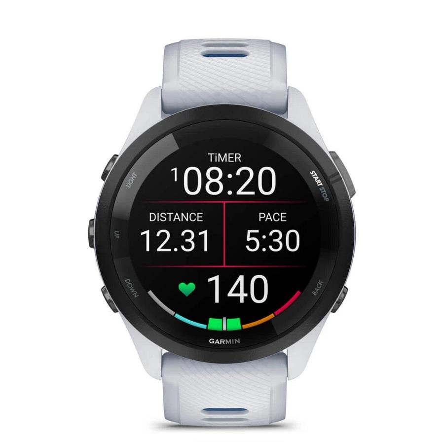 RELÓGIO GARMIN FORERUNNER 265 Rebordo preto com caixa branco pedra e bracelete branco pedra e azul tidal em silicone